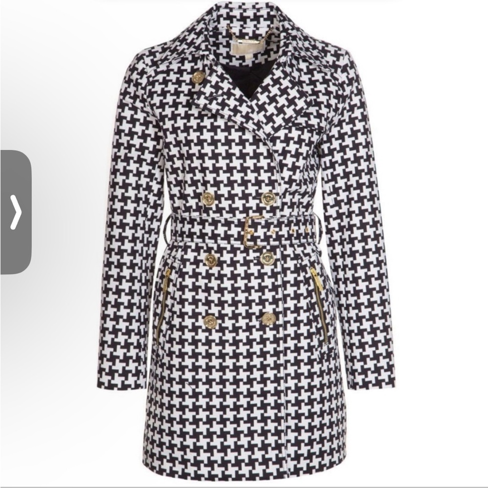 NWT Michael Kors Houndstooth Jacket L fall coat trench gold details black white